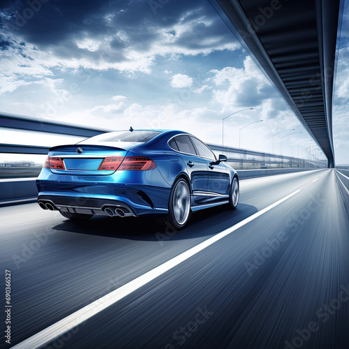 Rear view of blue Business car on high speed in turn. Blue car rushing along a high-speed highway.