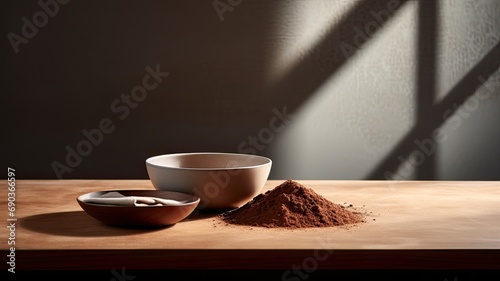 a bowl filled with cocoa powder as the focal point in a contemporary kitchen setting.