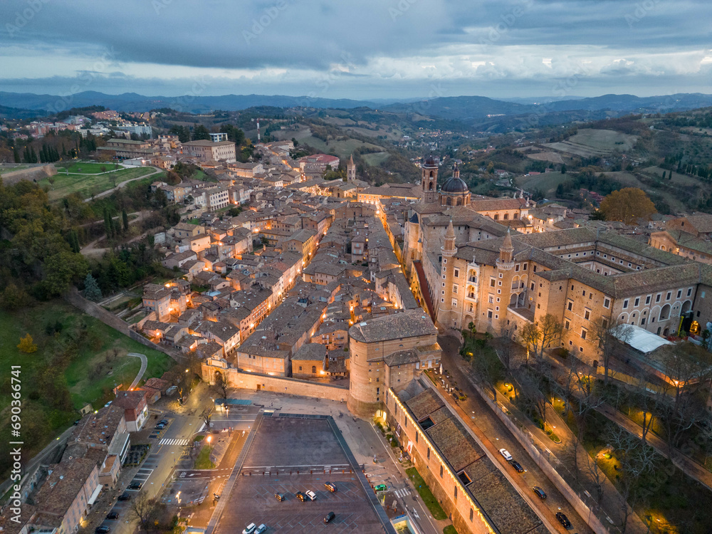 Italy, 14 December 2023 - Aerial view of the medieval village of Urbino, a UNESCO heritage site in the province of Pesaro and Urbino in the Marche region. Here you can breathe an air of past history