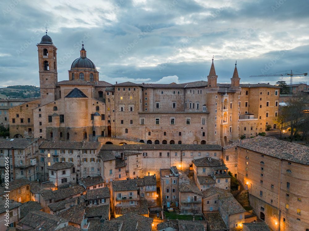 Italy, 14 December 2023 - Aerial view of the medieval village of Urbino, a UNESCO heritage site in the province of Pesaro and Urbino in the Marche region. Here you can breathe an air of past history