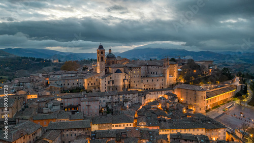 Italy, 14 December 2023 - Aerial view of the medieval village of Urbino, a UNESCO heritage site in the province of Pesaro and Urbino in the Marche region. Here you can breathe an air of past history photo