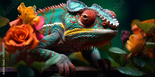 Chameleon on the flower. Beautiful extreme close-up created with Generative Ai