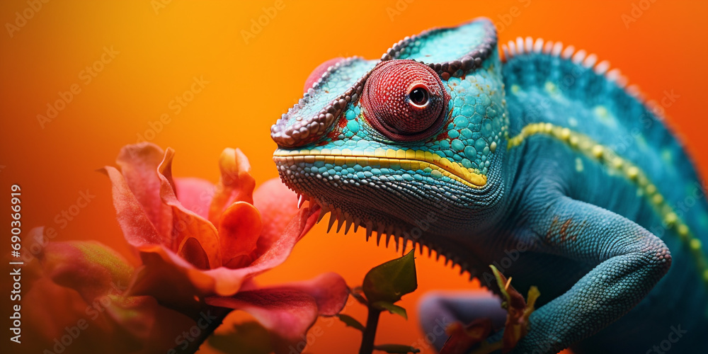 Chameleon on the flower. Beautiful extreme close-up created with Generative Ai Chameleon on the flower. Beautiful extreme close-up created with Generative Ai
