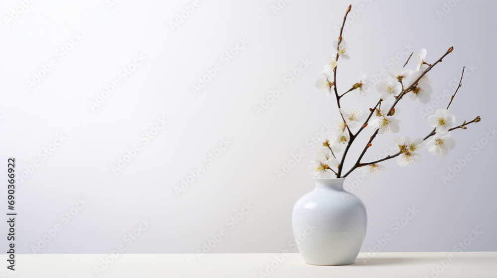 Fond blanc pour mock-up, conception et création graphique. Décoration vase, fleurs. Arrière-plan épuré, vide. Fond blanc pour mock-up, conception et création graphique. Décoration vase, fleurs. Arrière-plan épuré, vide.