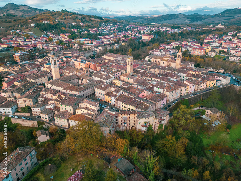 Italy, 08 December 2023 - aerial view of Urbania in the province of Pesaro and Urbino
