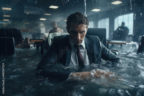 A despondent businessman submerged in a deluge within his workplace.