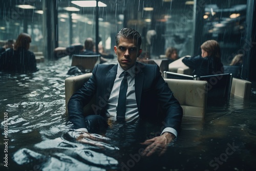 A despondent businessman submerged in a deluge within his workplace.