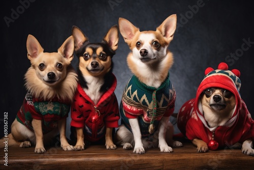Dog family wearing ugly Christmas sweaters.