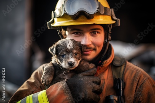 A fireman saves a dog.