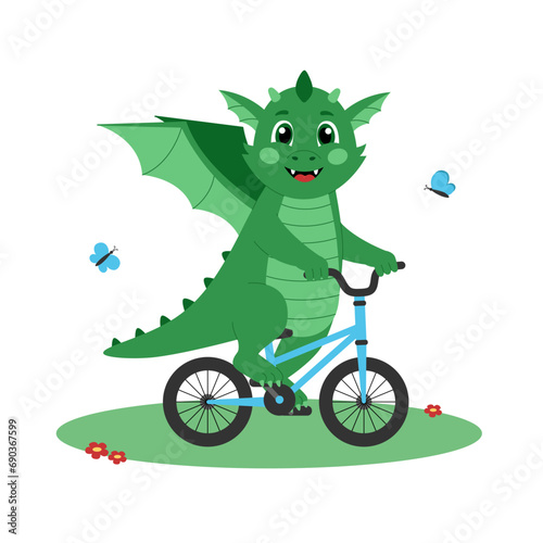 Cute green dragon rides a bicycle. Cartoon character riding a bike. Summer activity. Vector illustration for children