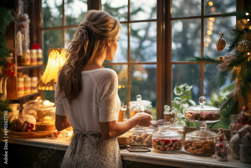 Nice young woman is standing by the window looking at snow in the cozy Christmas kitchen with sweets