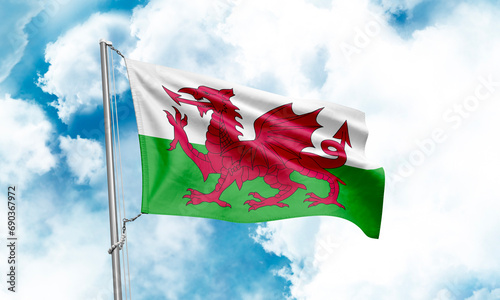 Wales flag waving on sky background. 3D Rendering