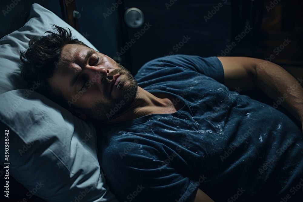 Fototapeta premium A man sleeping in bed at night.