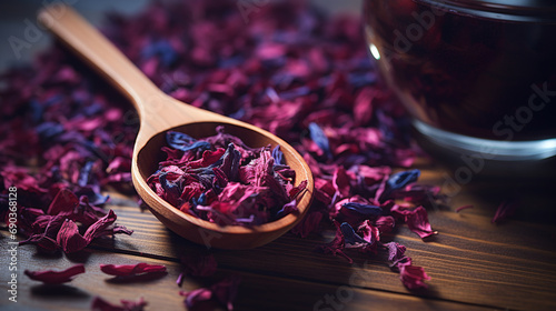 Wooden spoon with dry hibiscus tea close-up. Medical colored organic drink natural. ai generative
