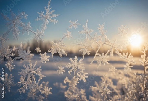 Snow frost in the form of natural patterns on the window pane against the background of the morning