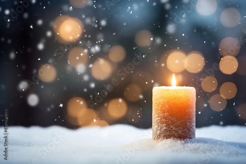 Advent candle on Christmas with snow and bokeh.