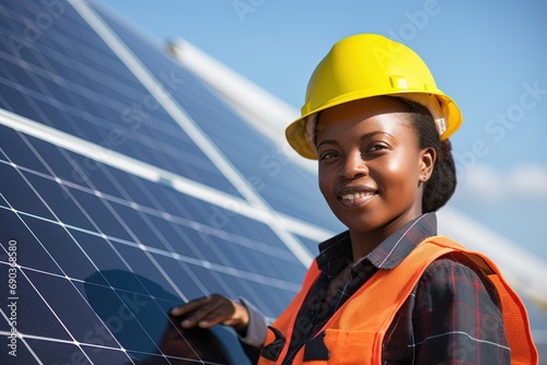 African American female technician checks the maintenance of the solar panels.  photo