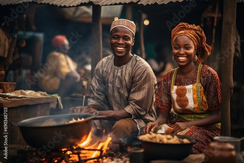 African couple cooking at local food market.