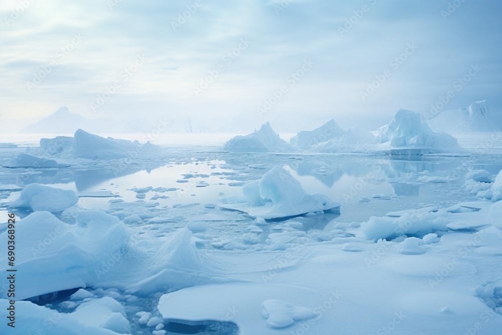 Arctic winter landscape with large glaciers, frozen sea and blizzards.