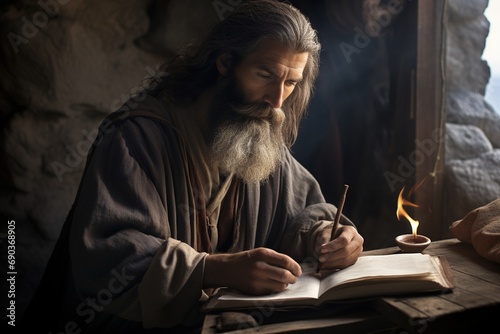 Apostle writing book or letter inspired by the Holy Spirit. photo