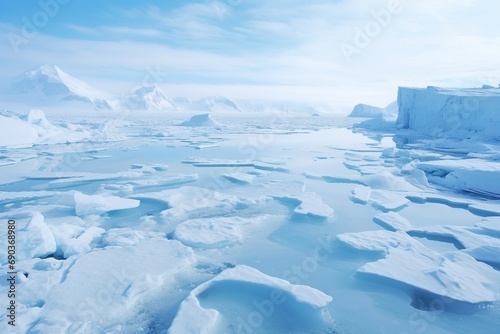Arctic winter landscape with large glaciers, frozen sea and blizzards.
