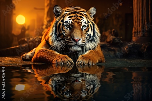 Tiger in nature with reflection in water.