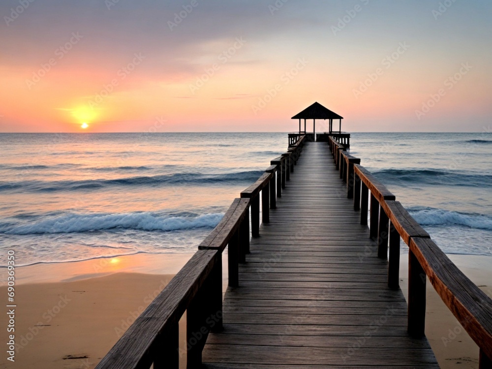 Wooden pier on the beach at beautiful sunset in the evening