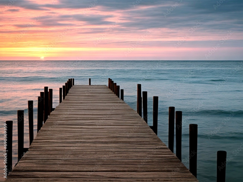 Fototapeta premium Wooden pier on the beach at beautiful sunset in the evening