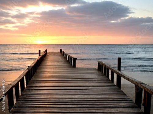 Wooden pier on the beach at beautiful sunset in the evening © Евгений Порохин