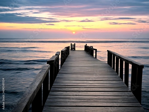 Wooden pier on the beach at beautiful sunset in the evening