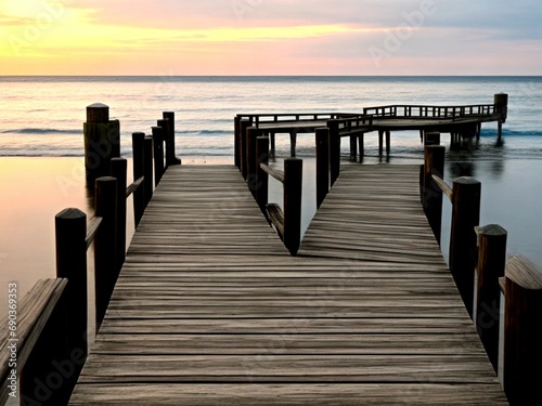 Wooden pier on the beach at beautiful sunset in the evening