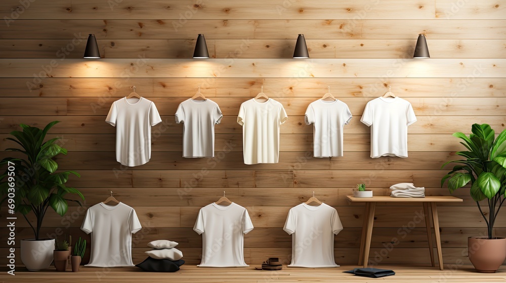men's t-shirts, absent of logos, neatly presented on a bright wooden background within a well-lit store, creating a composition that reflects a modern and minimalist style.
