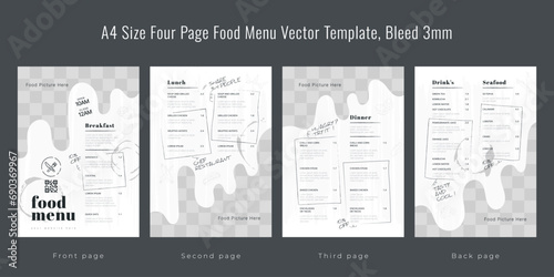 Restaurant cafe menu, template design, A4 size four page food menu template, Bleed 3mm