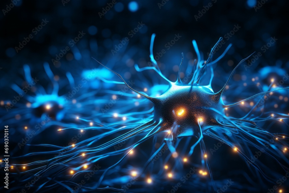 Concept of interconnection of artificial intelligence neurons. Background with selective focus and copy space - obrazy, fototapety, plakaty 