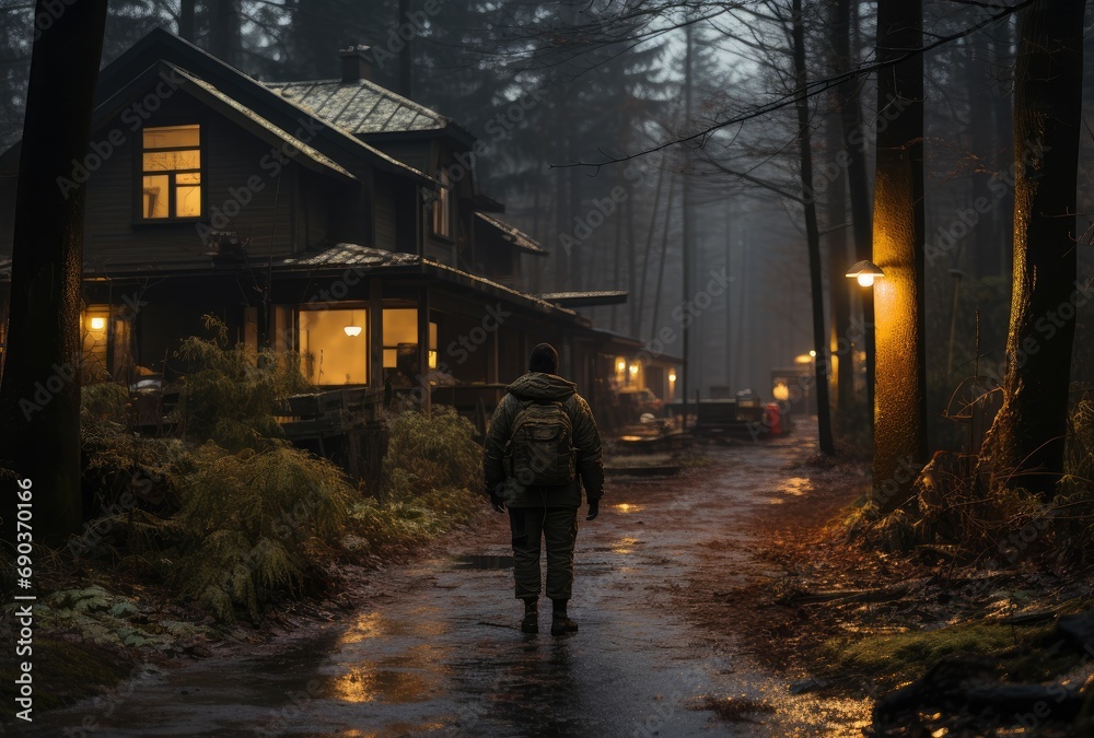 A lone figure braves the winter woods, shrouded in fog and walking through the rain, as the trees and buildings blur into a haunting landscape