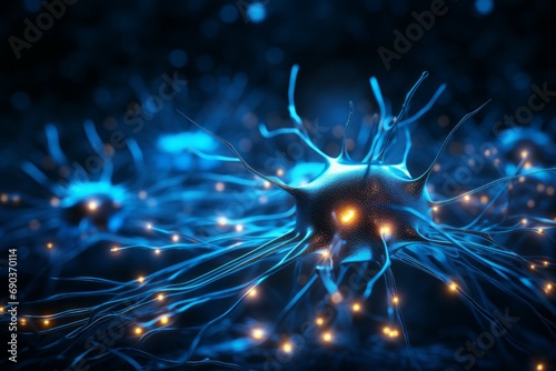 Concept of interconnection of artificial intelligence neurons. Background with selective focus and copy space © top images