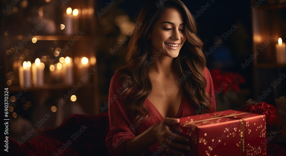 a young woman is opening a gift box at night,