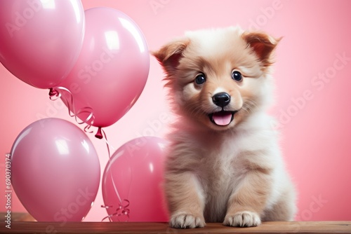 adorable puppy holding heart shaped pink balloon