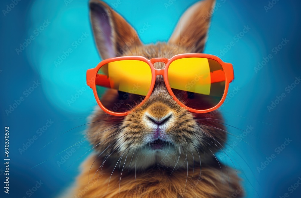 an eye catching cute rabbit that is wearing sunglasses on a bright background