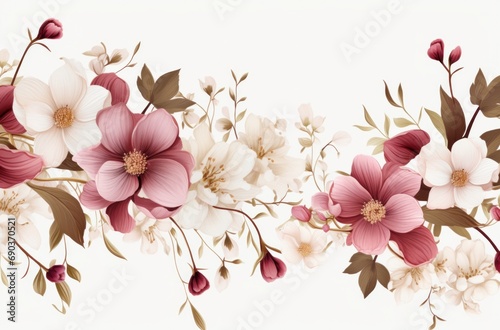 an elegant floral frame with pink flowers and foliage on white background