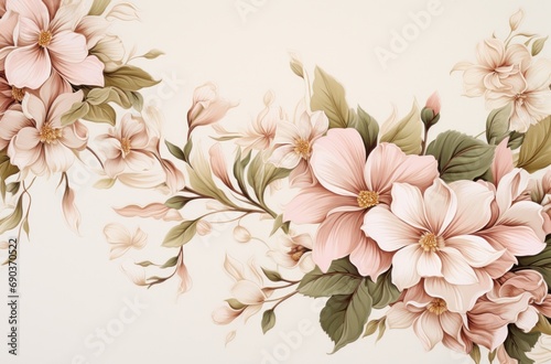 an elegant floral frame with pink flowers and foliage on white background