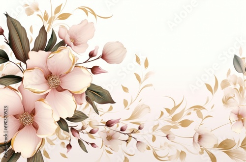 an elegant floral frame with pink flowers and foliage on white background