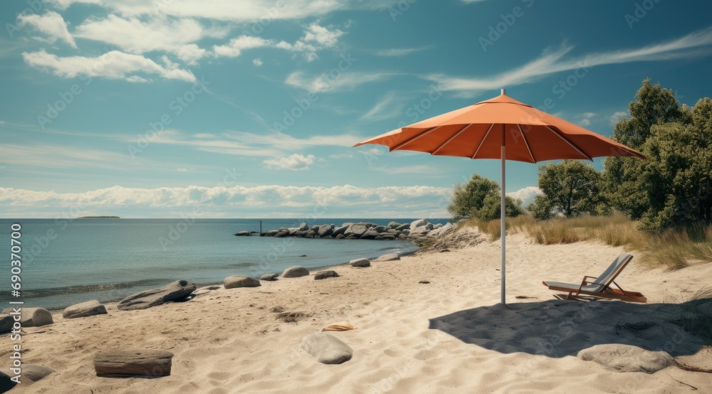 an umbrella hung on the sand by the beach