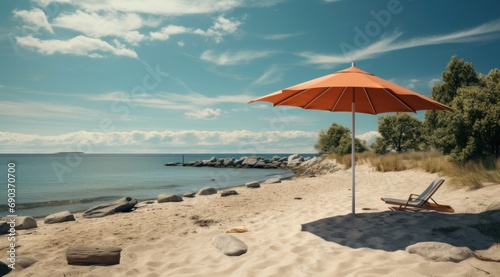 an umbrella hung on the sand by the beach