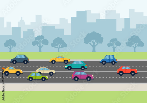 Fototapeta Naklejka Na Ścianę i Meble -  Cars on city road. Urban infrastructure and transport traffic. Automobiles riding in megalopolis with skyscrapers. Landscape city modern with building, road, trees and cars. Vector illustration