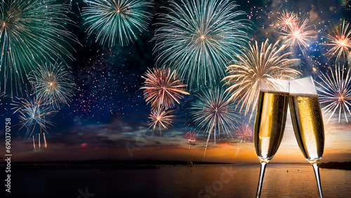 Brinde com taça de champagne e decoração dourada para celebração de ano novo e fogos de artificio ao fundo. photo