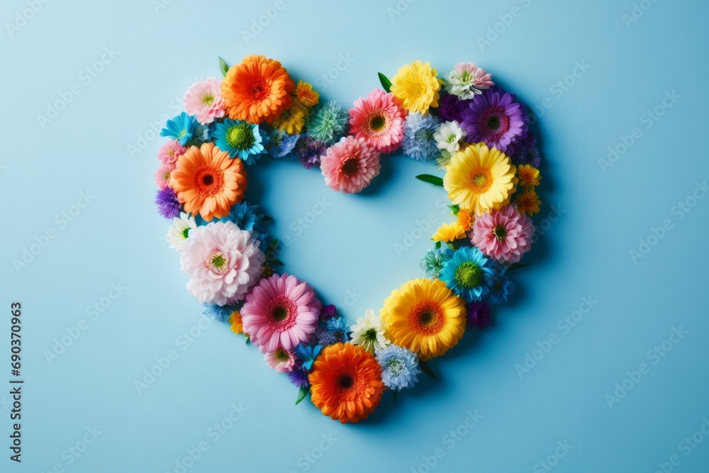 Floral composition in the shape of a heart. Background with selective focus with copy space
