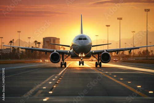Passenger plane at the airport on the runway. Background with selective focus and copy space