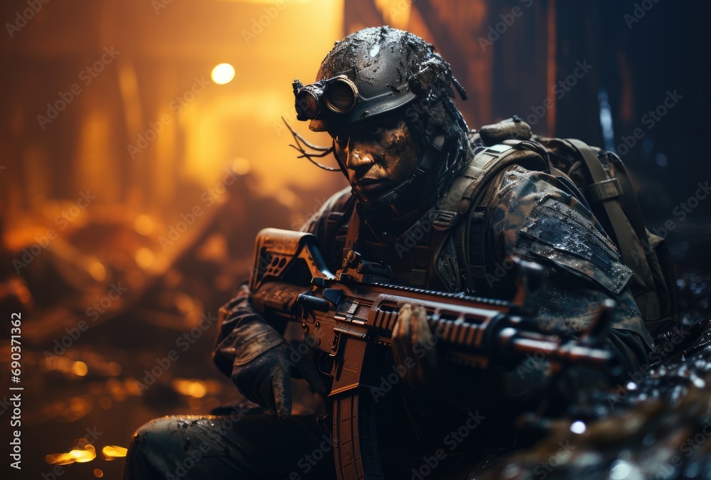 Soldier raised his rifle Soldier raised his rifle