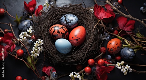 colorful easter eggs in a nest on the stone table,